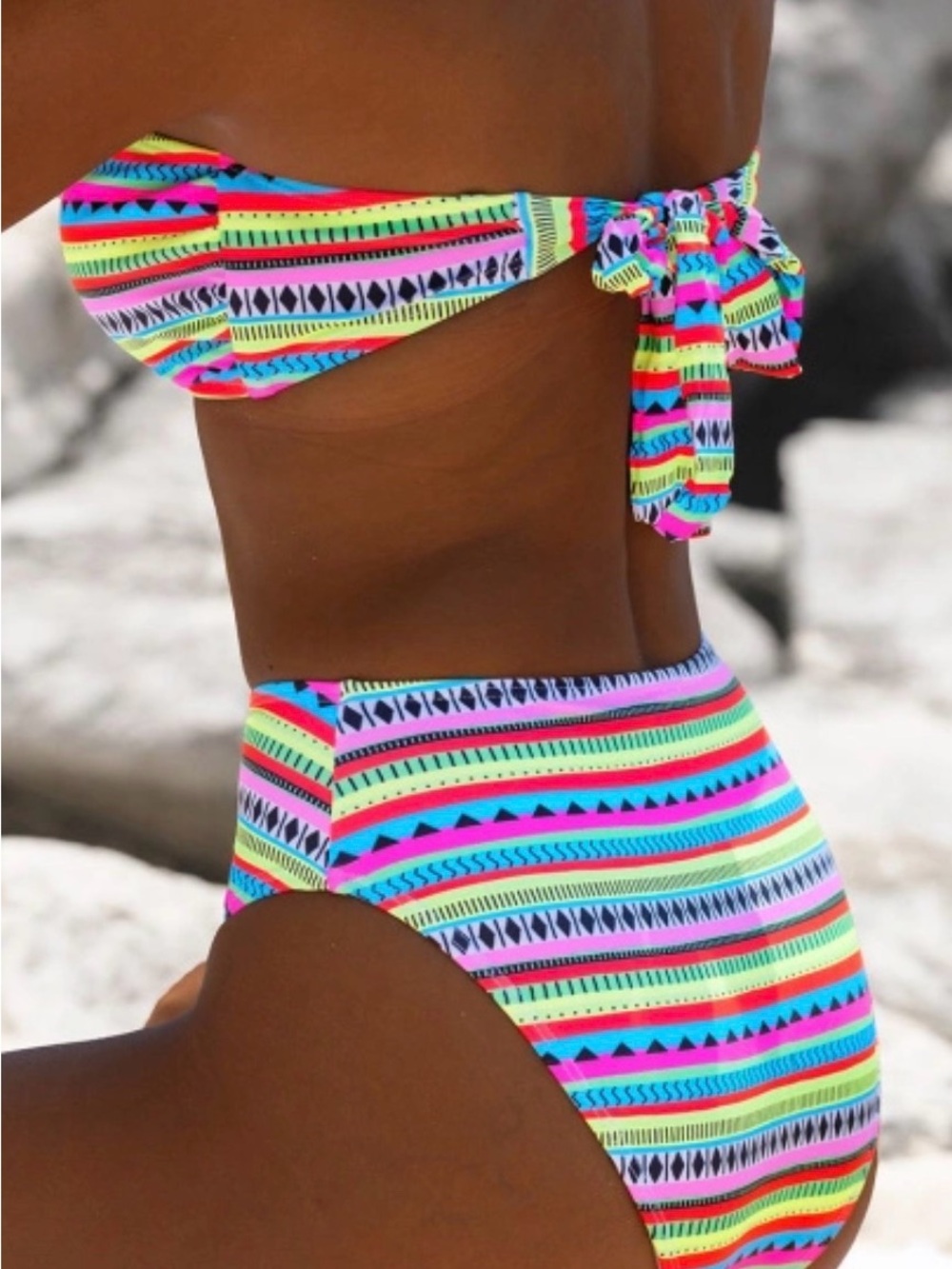 Neon Stripe High-Waist Bikini Set - Multicolor